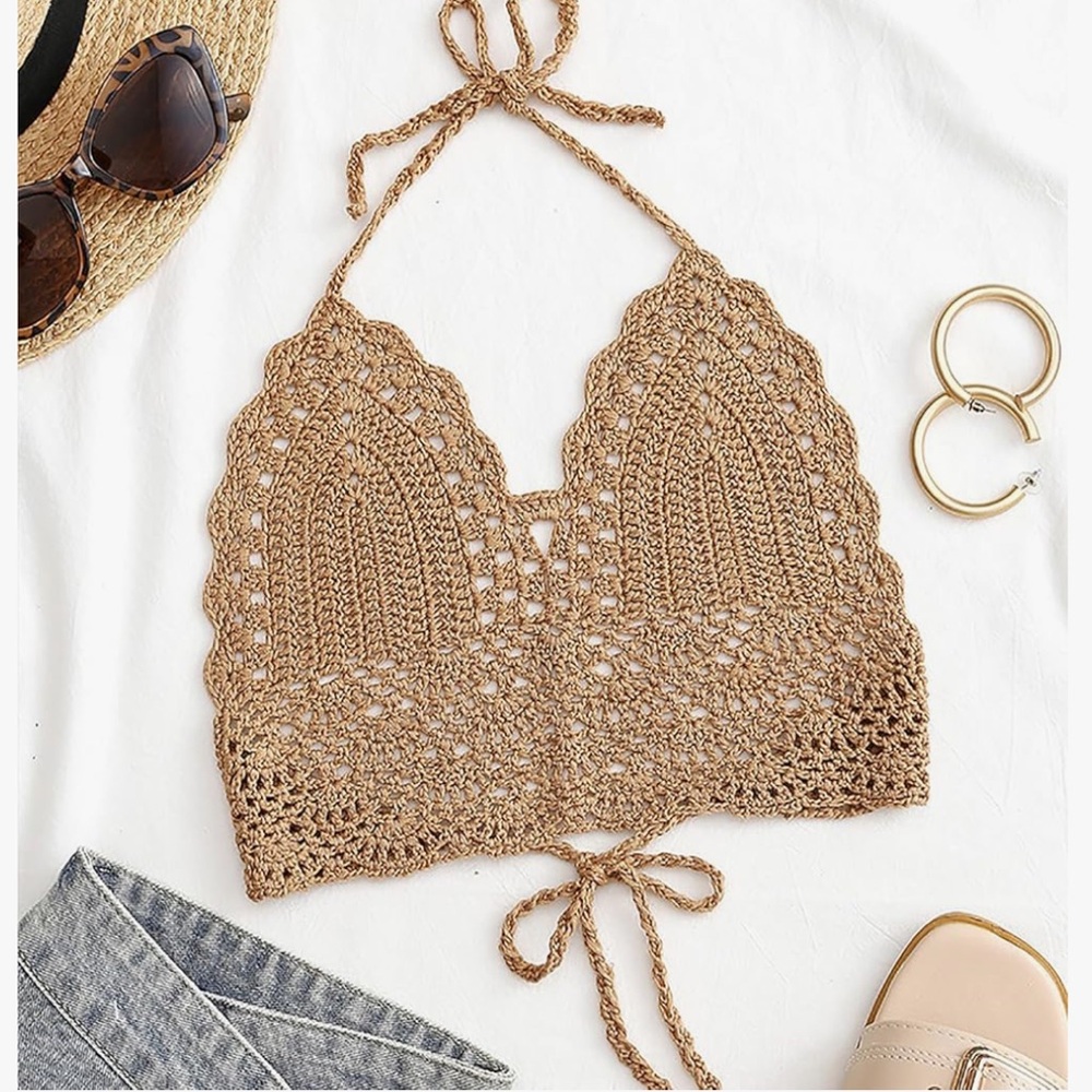 Tan Crochet Halter Crop Top